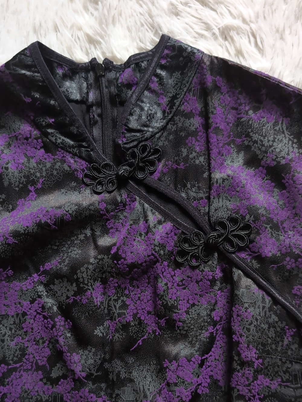 Morbid Threads Purple Satin Chinese Qipao Cherry Blossom Floral Dress Large - Picture 3 of 12